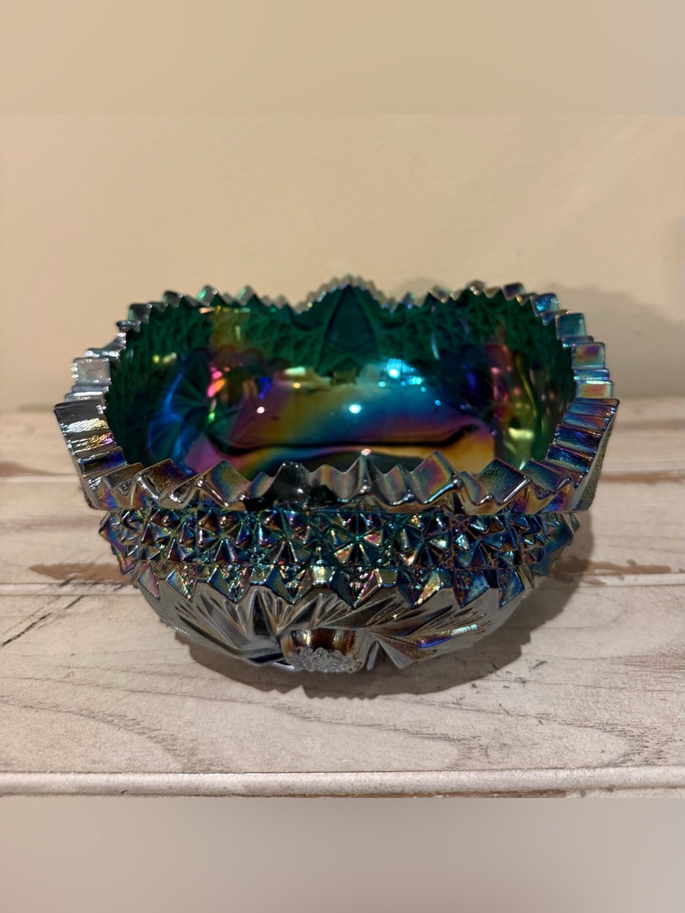 Heavy / Thick Vintage L.E. Smith Emerald Green Carnival Glass Moon & Star Bowl *